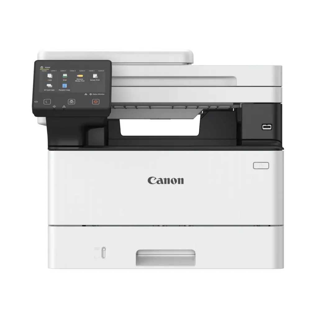 Imprimante multifonction laser monochrome Canon i-SENSYS MF463dw sur fond blanc.