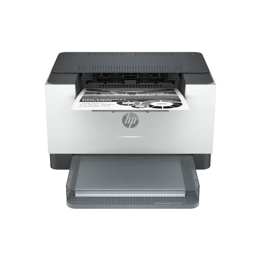 Imprimante laser monochrome HP LaserJet M209dw sur fond blanc.